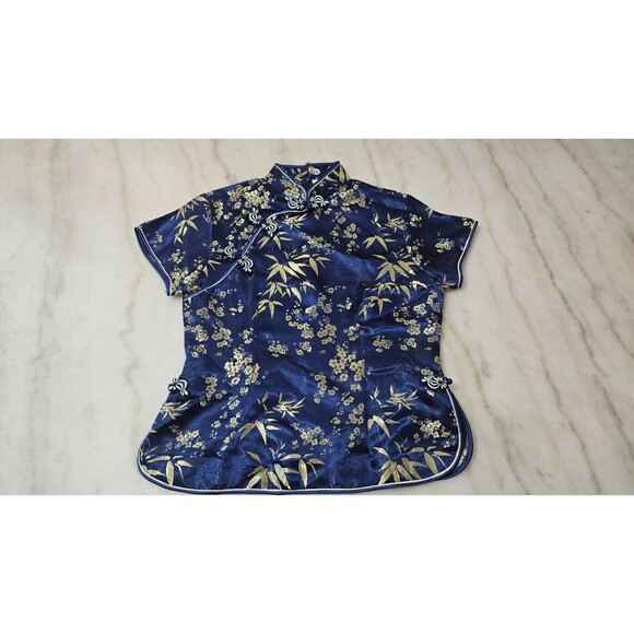 Mimi Blue Floral Short Sleeves Pullover Halter Neckline Women's Top Size L - Picture 2 of 11